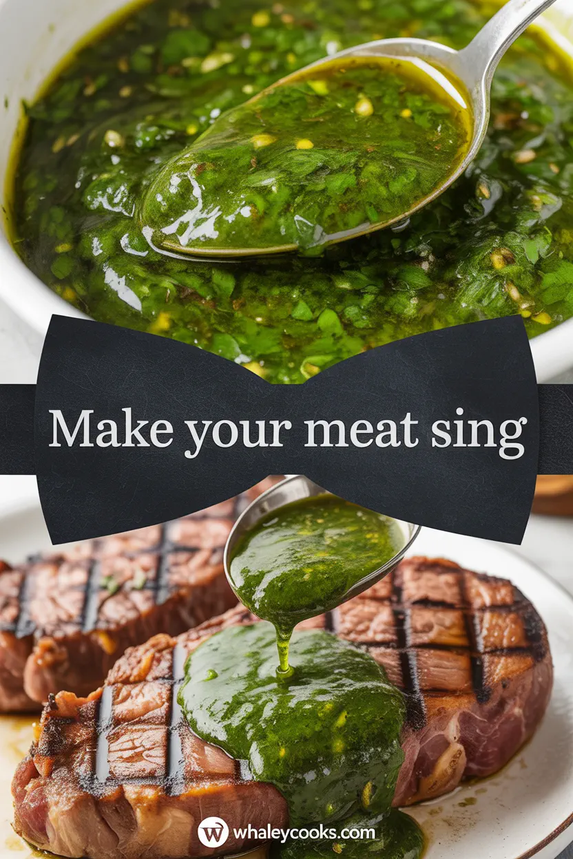 Fresh chimichurri spooned over sliced barbecued steak on a wooden board