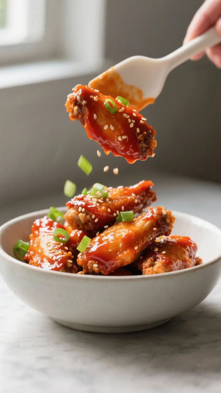 Action process shot of saucing and tossing: glossy gochujang-garlic-ginger glaze clinging to a bowl