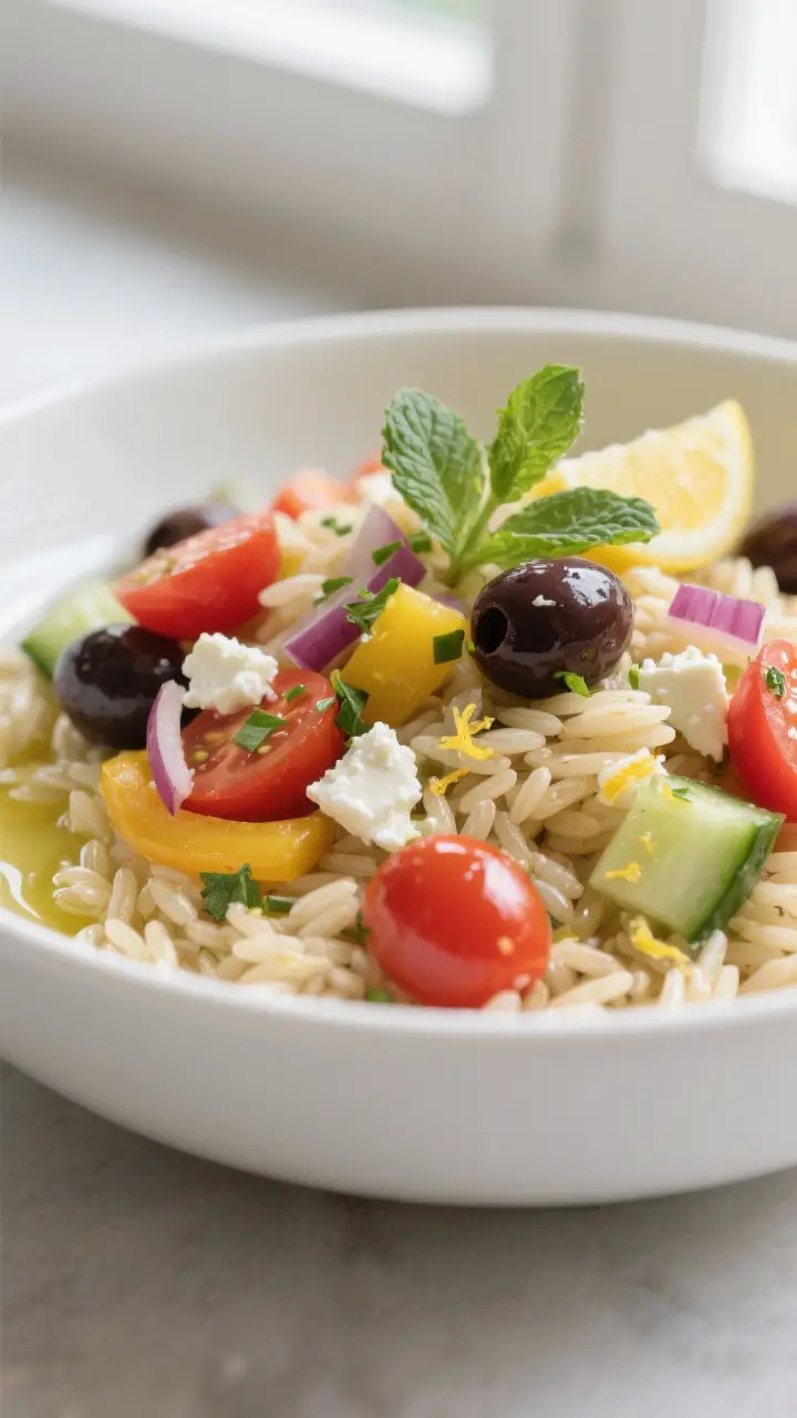 Close-up detail: A bowl of cooled, al dente orzo tossed with the lemon-oregano vinaigrette, cherry t
