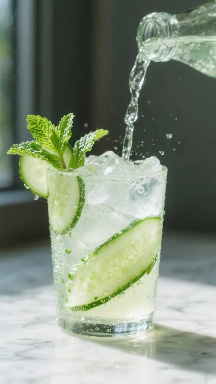 Close-up detail: A chilled glass of Cucumber Mint Cooler mid-pour, showing the silky, strained cucum