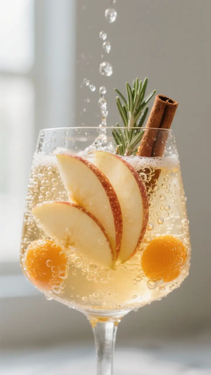 Close-up detail: A chilled glass of Sparkling Apple Cider Sangria just after finishing with bubbles,