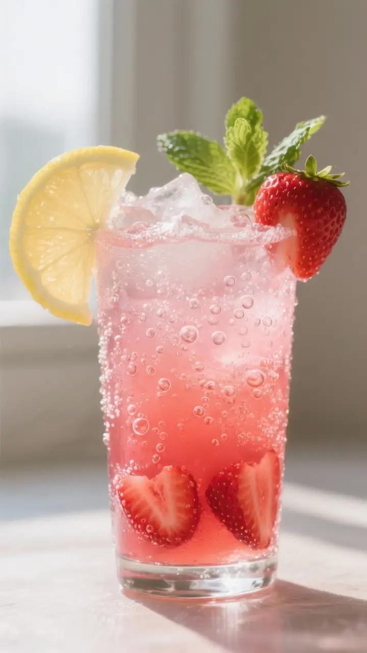 Close-up detail: A chilled glass of sparkling strawberry lemonade being topped with icy-cold club so