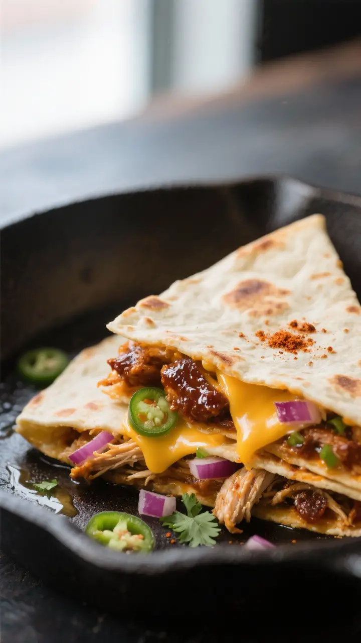 Close-up detail: A folded BBQ chicken quesadilla just off the skillet, cut edge facing camera to rev