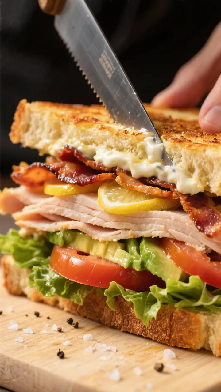 Close-up detail: A freshly assembled Turkey Avocado Club mid-slice, serrated knife just cutting thro