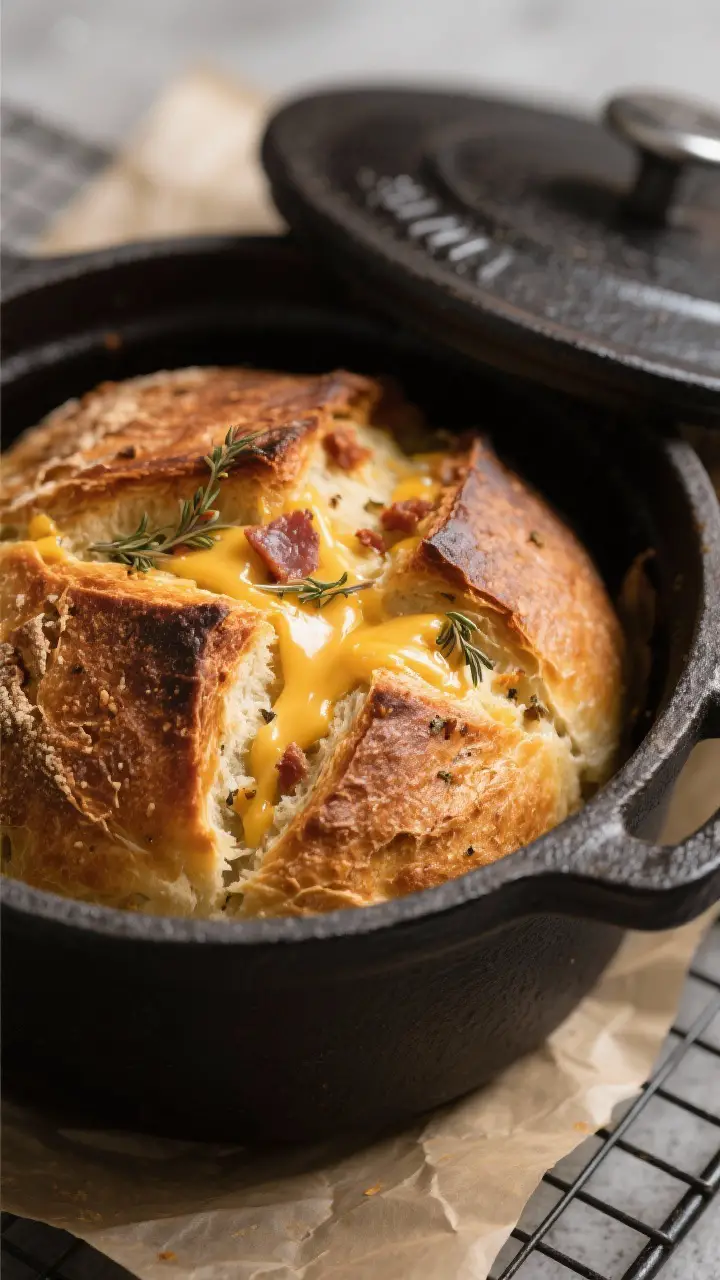 Close-up detail: A freshly baked Cheese and Biltong Pot Bread loaf just removed from a preheated cas