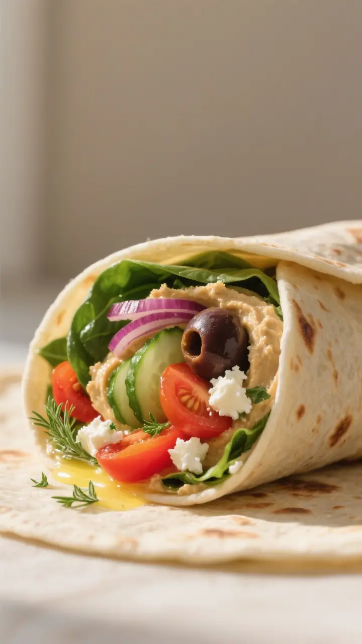 Close-up detail: A freshly rolled Mediterranean veggie wrap sliced on a slight angle, showing a tigh