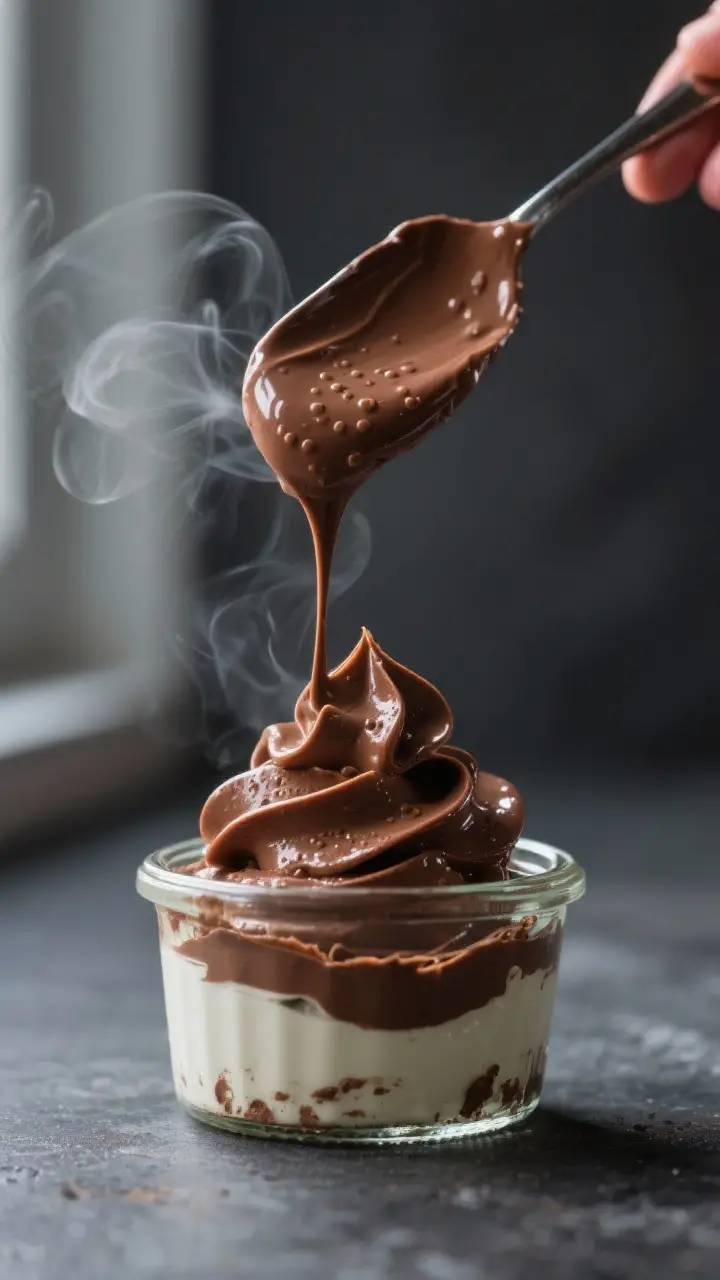 Close-up detail: A glossy ribbon of warm, freshly folded French-style chocolate mousse cascading fro