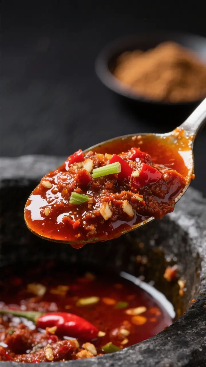 Close-up detail: A glossy spoonful of finished Thai red curry paste just after the optional bloom in
