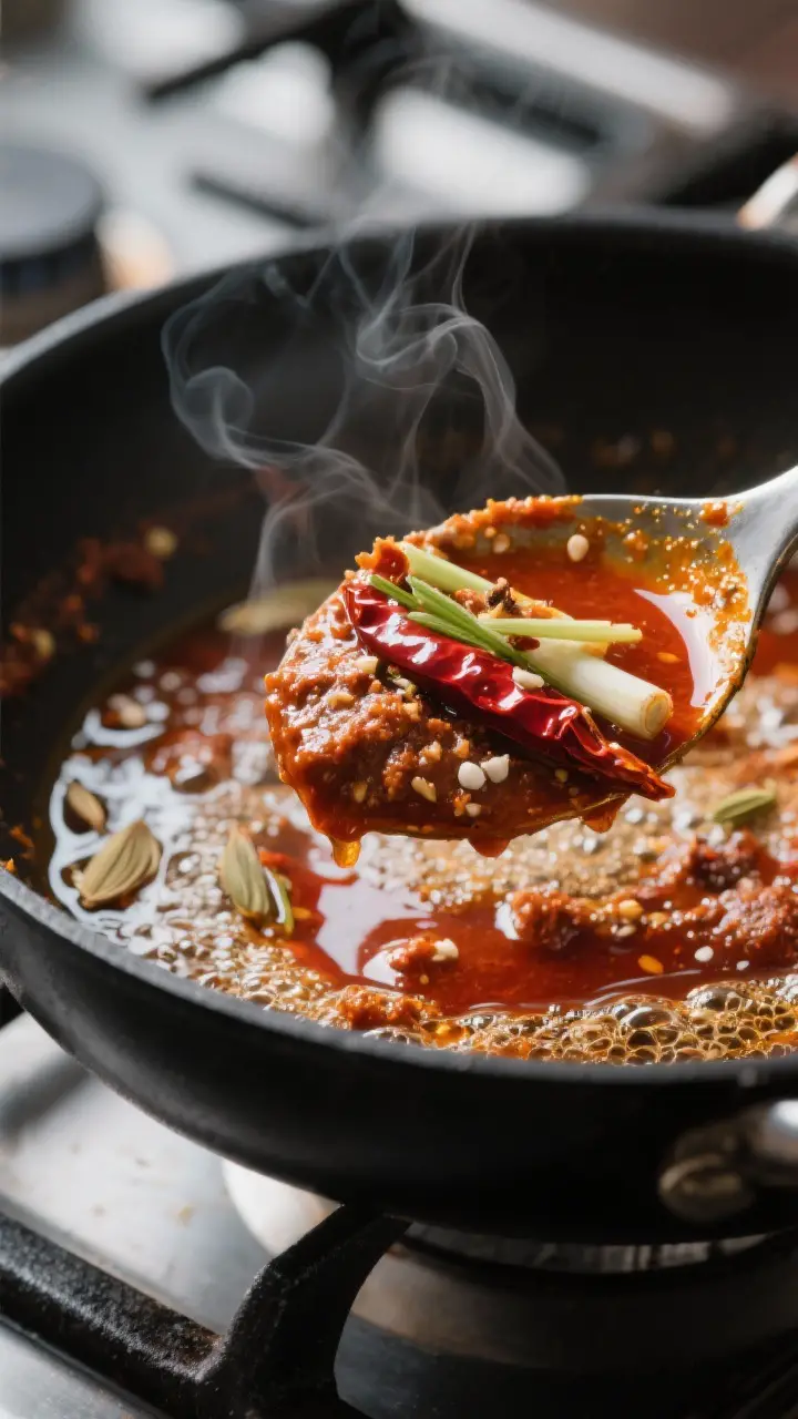 Close-up detail: A glossy spoonful of Massaman curry paste frying in oil in a black carbon-steel ski