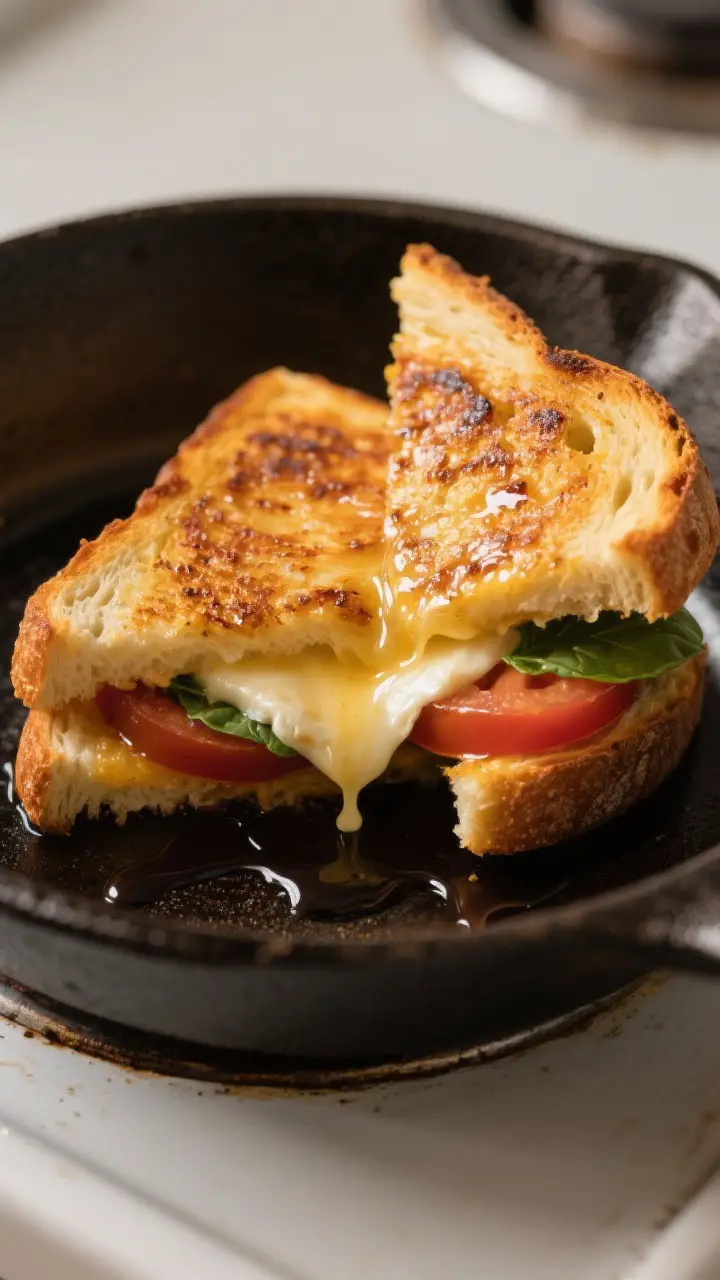Close-up detail: A golden-brown Caprese grilled cheese just flipped in a cast-iron skillet, cheese v
