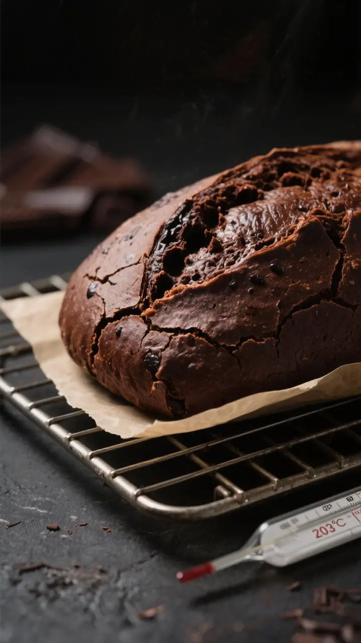 Close-up detail: A just-baked chocolate sourdough dessert loaf resting on a cooling rack, crust set 
