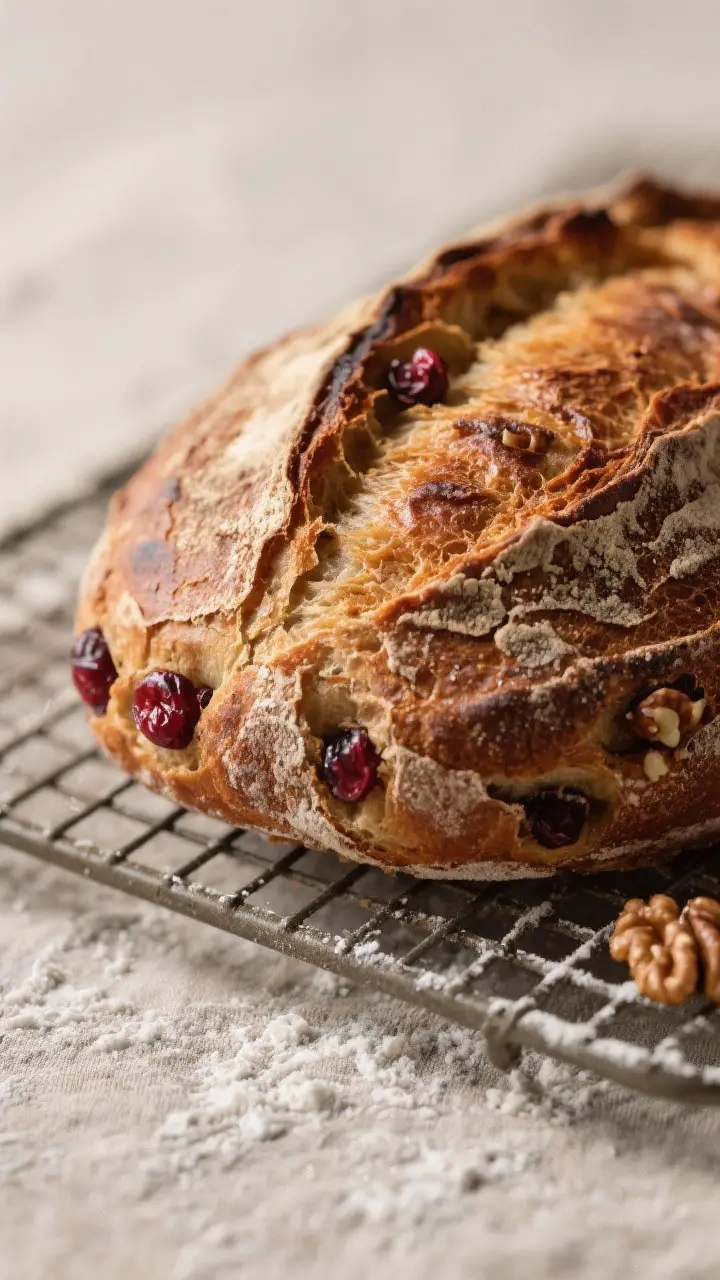 Close-up detail: A just-baked cranberry walnut sourdough loaf resting on a cooling rack, crust deepl