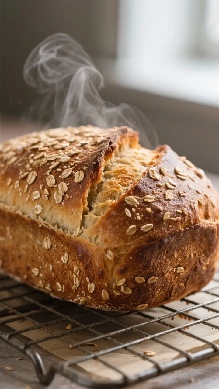 Close-up detail: A just-baked farm loaf on a wire rack, crust deep golden with tiny blisters and a s
