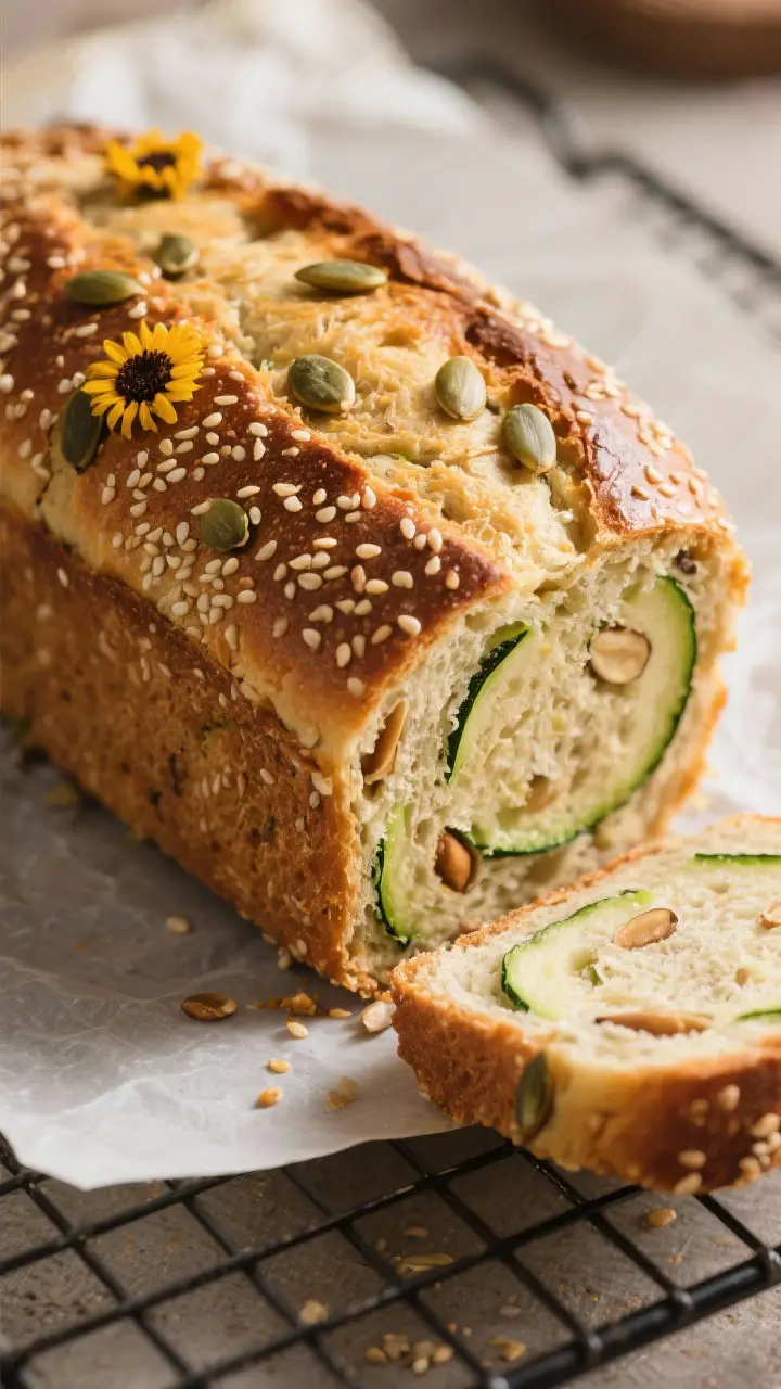 Close-up detail: A just-baked loaf of Baby Marrow Seed Bread on a cooling rack, crust glistening wit