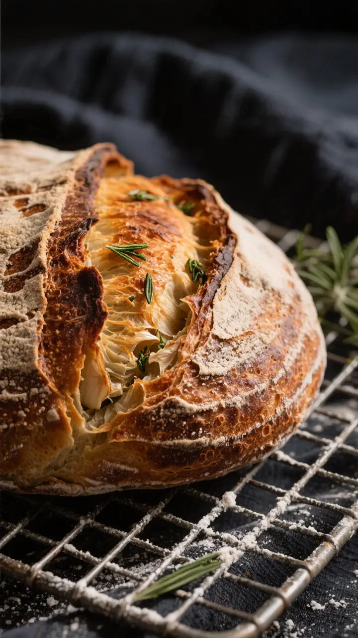 Close-up detail: A just-baked roasted garlic and rosemary sourdough loaf resting on a wire rack, cru