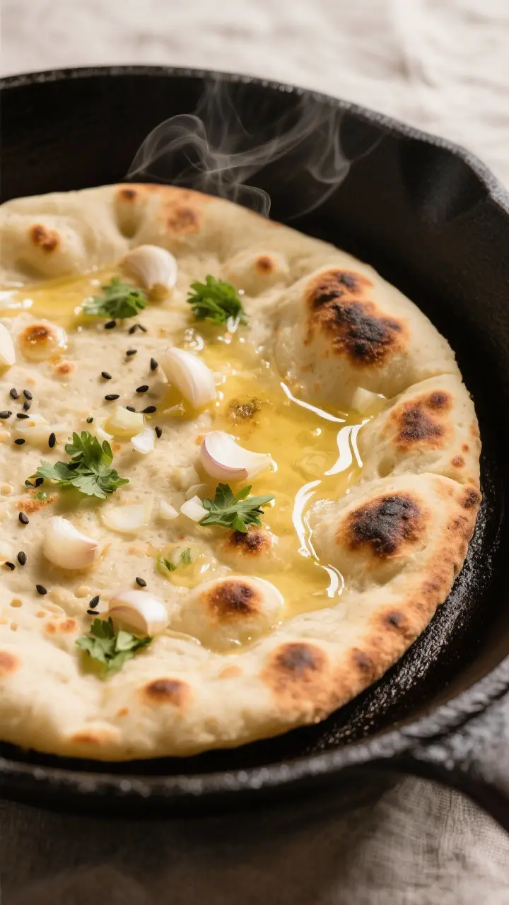 Close-up detail: A just-cooked garlic naan in a cast iron skillet, surface blistered with deep char