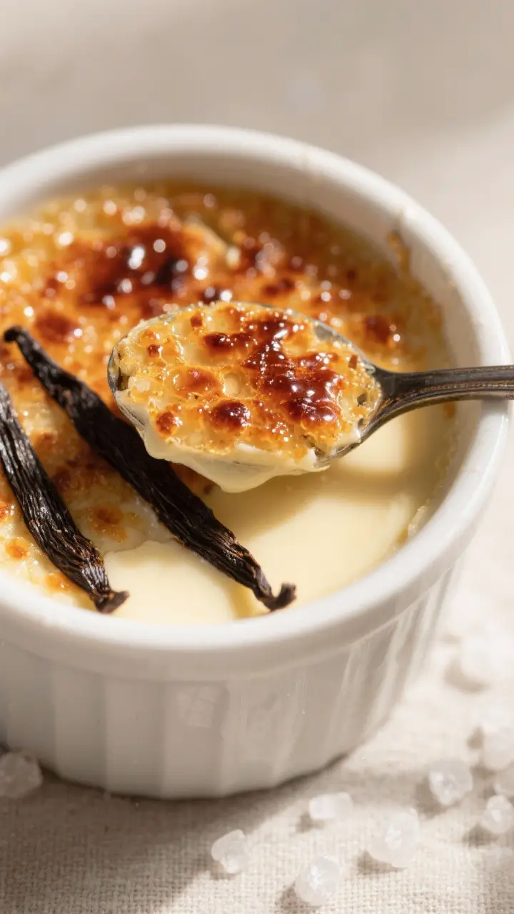 Close-up detail: A just-torched vanilla bean crème brûlée in a white ramekin, extreme close-up of