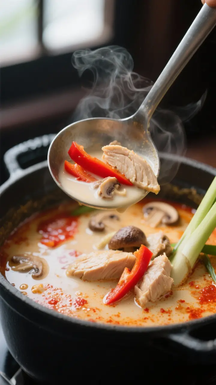 Close-up detail: A ladle lifting creamy Thai Coconut Curry Soup from a simmering pot, showing silky 