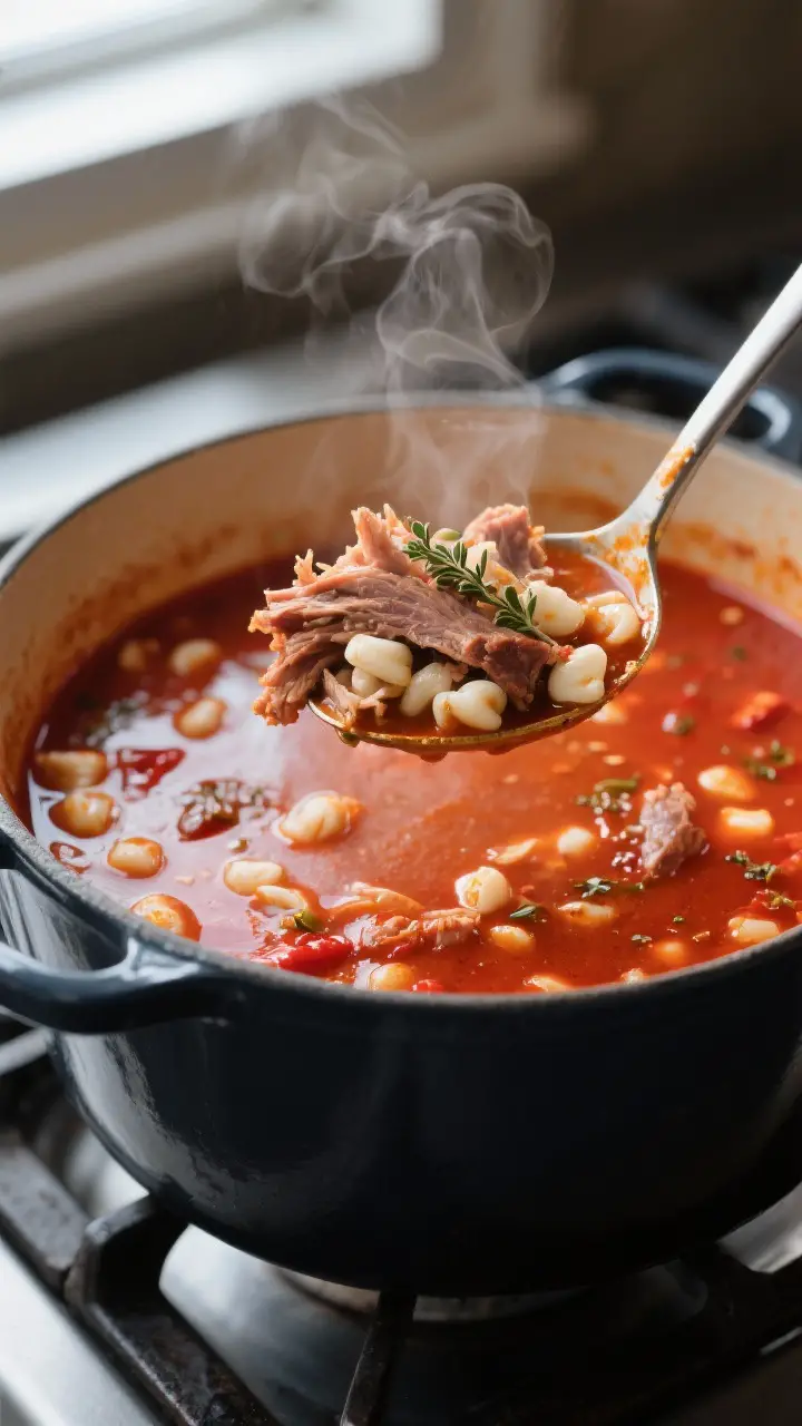 Close-up detail: A ladle lifting pozole rojo from a Dutch oven, showcasing tender shredded pork and