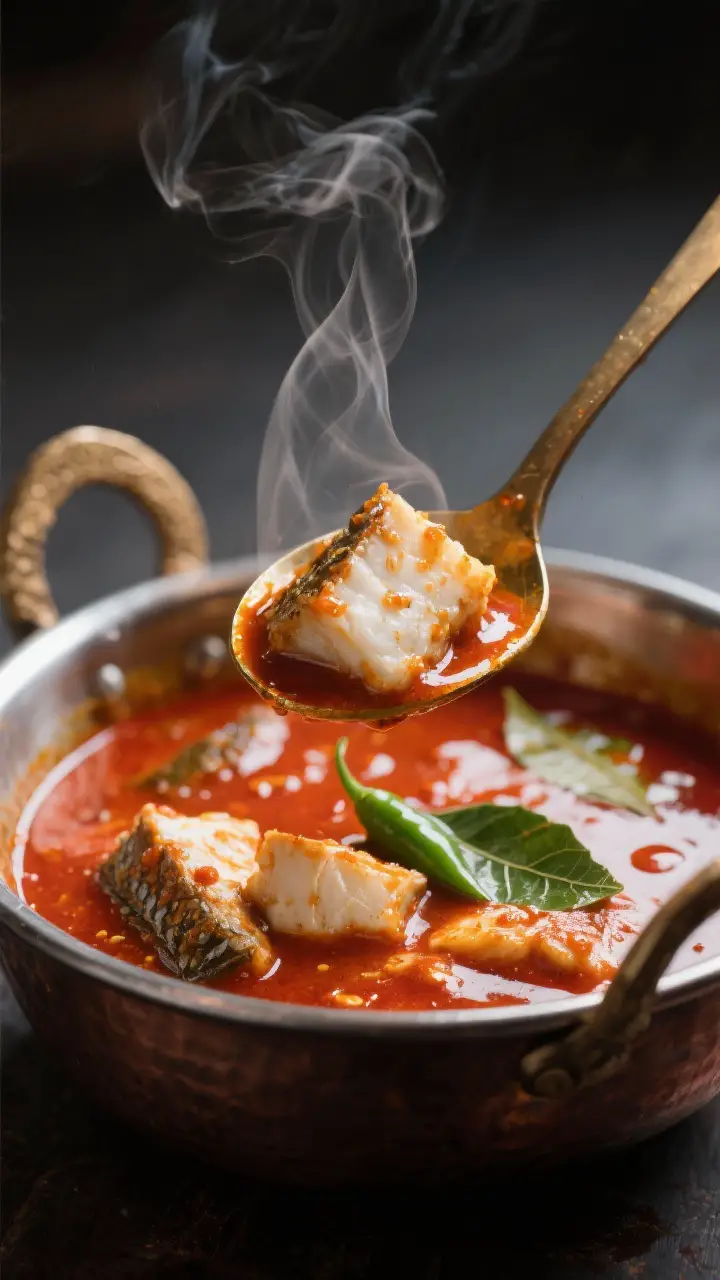 Close-up detail: A ladle lifting silky Goan Fish Curry from a simmering pot, showing tender white fi