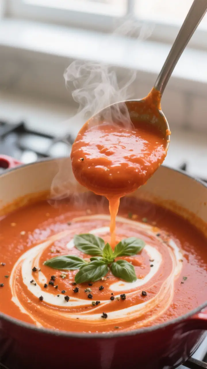 Close-up detail: A ladle lifting silky tomato basil soup from a Dutch oven right after blending, ste