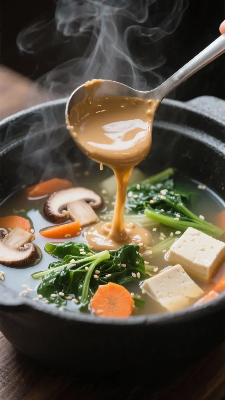 Close-up detail: A ladle pouring silky miso slurry back into a steaming pot of vegetable miso soup o