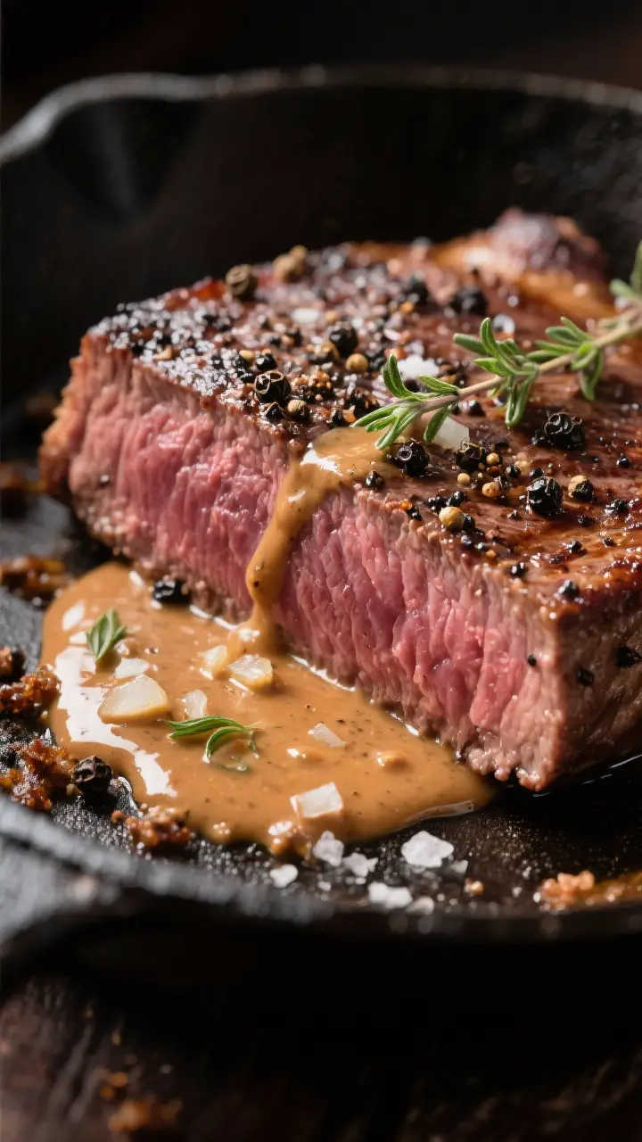 Close-up detail: A medium-rare Steak au Poivre just after slicing, showing a deep, peppercorn-cruste