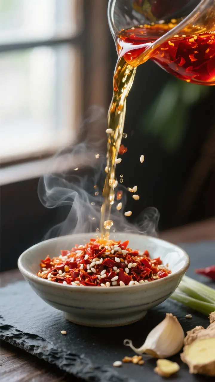 Close-up detail: A sizzling pour of hot, strained chili-infused oil hitting a bowl of coarse Chinese