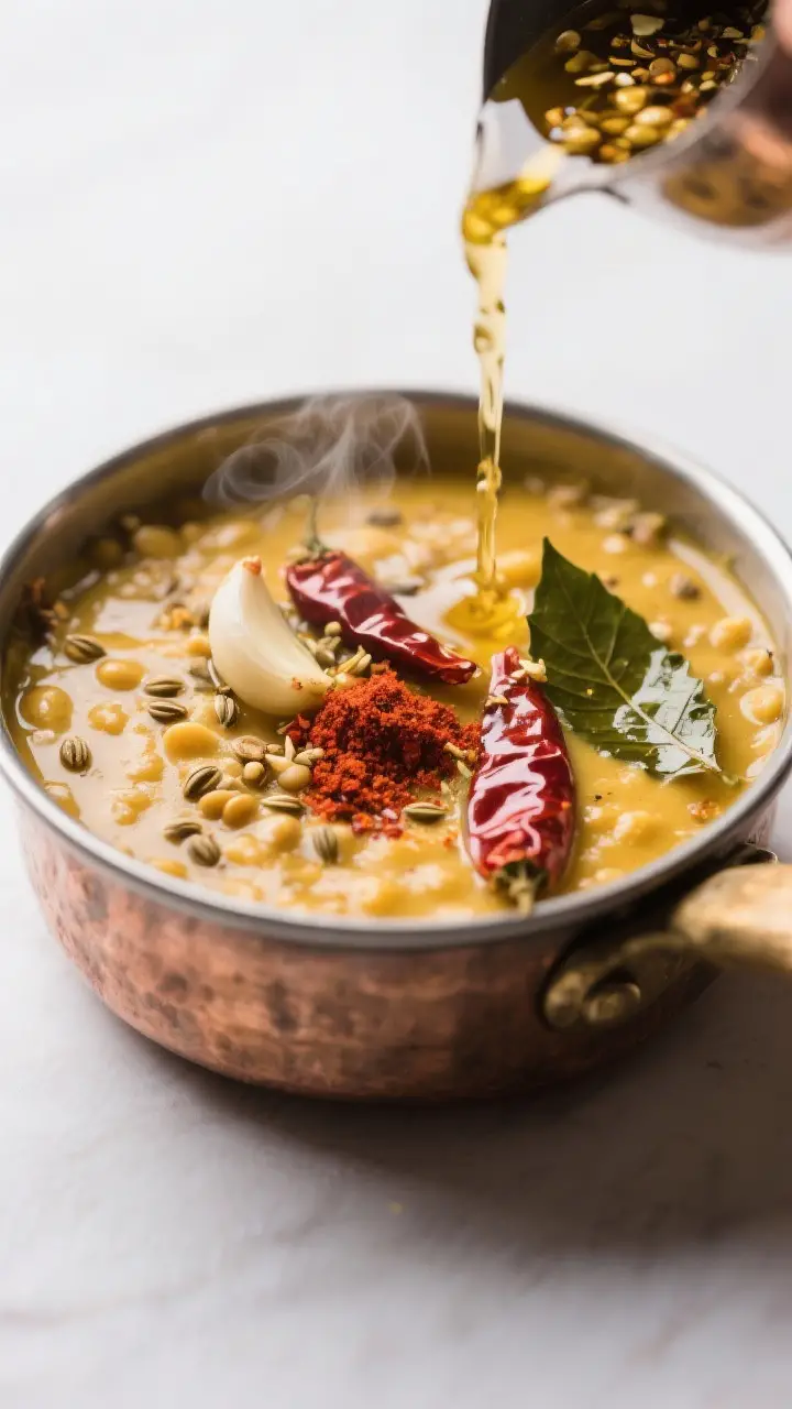 Close-up detail: A sizzling tadka being poured over creamy yellow dal in a small pot, captured mid-s