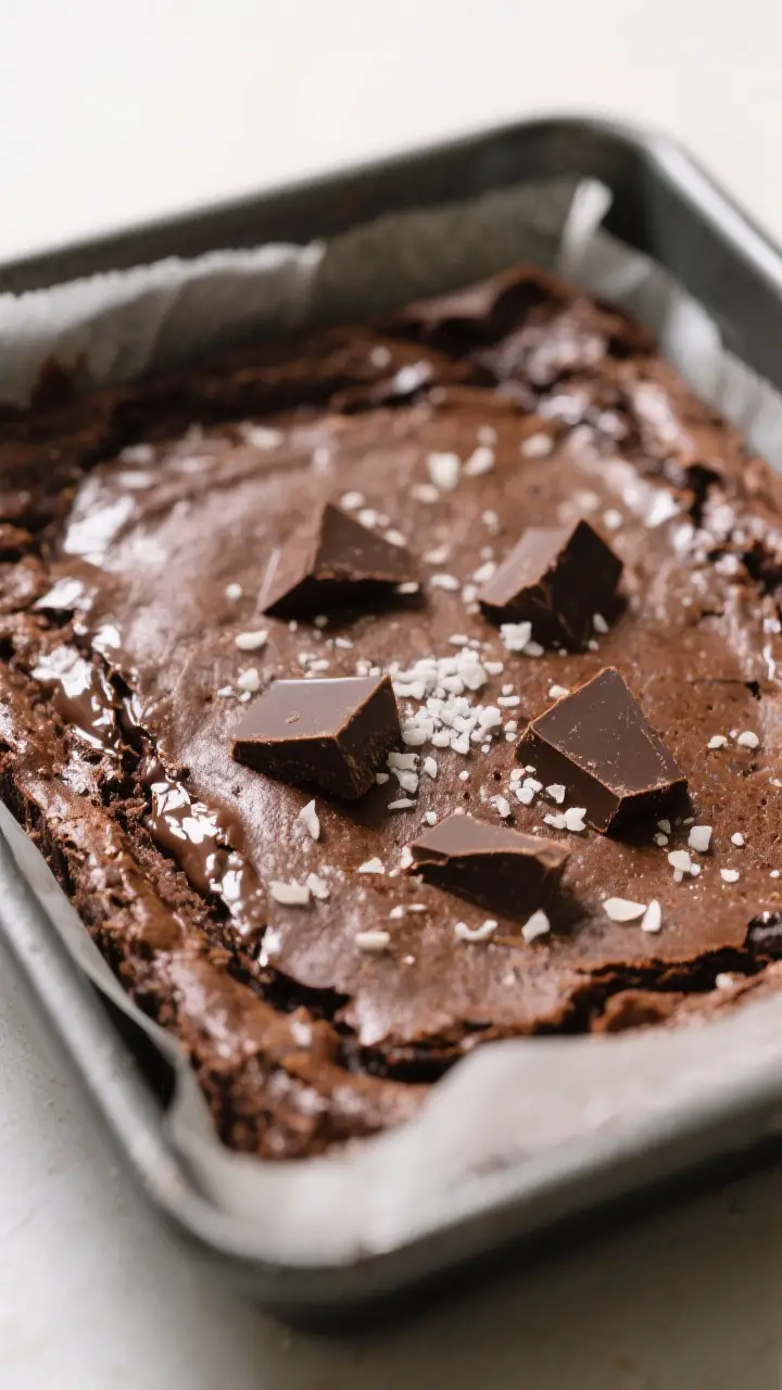 Close-up detail: A slab of freshly baked sourdough discard brownies still in the parchment-lined 8x8