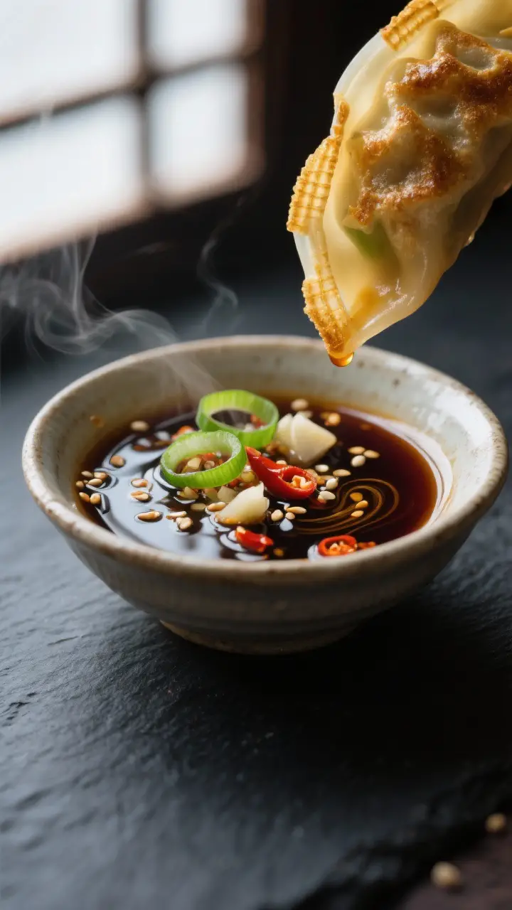 Close-up detail: A small ceramic dipping bowl filled with glossy soy–rice vinegar gyoza sauce, shi