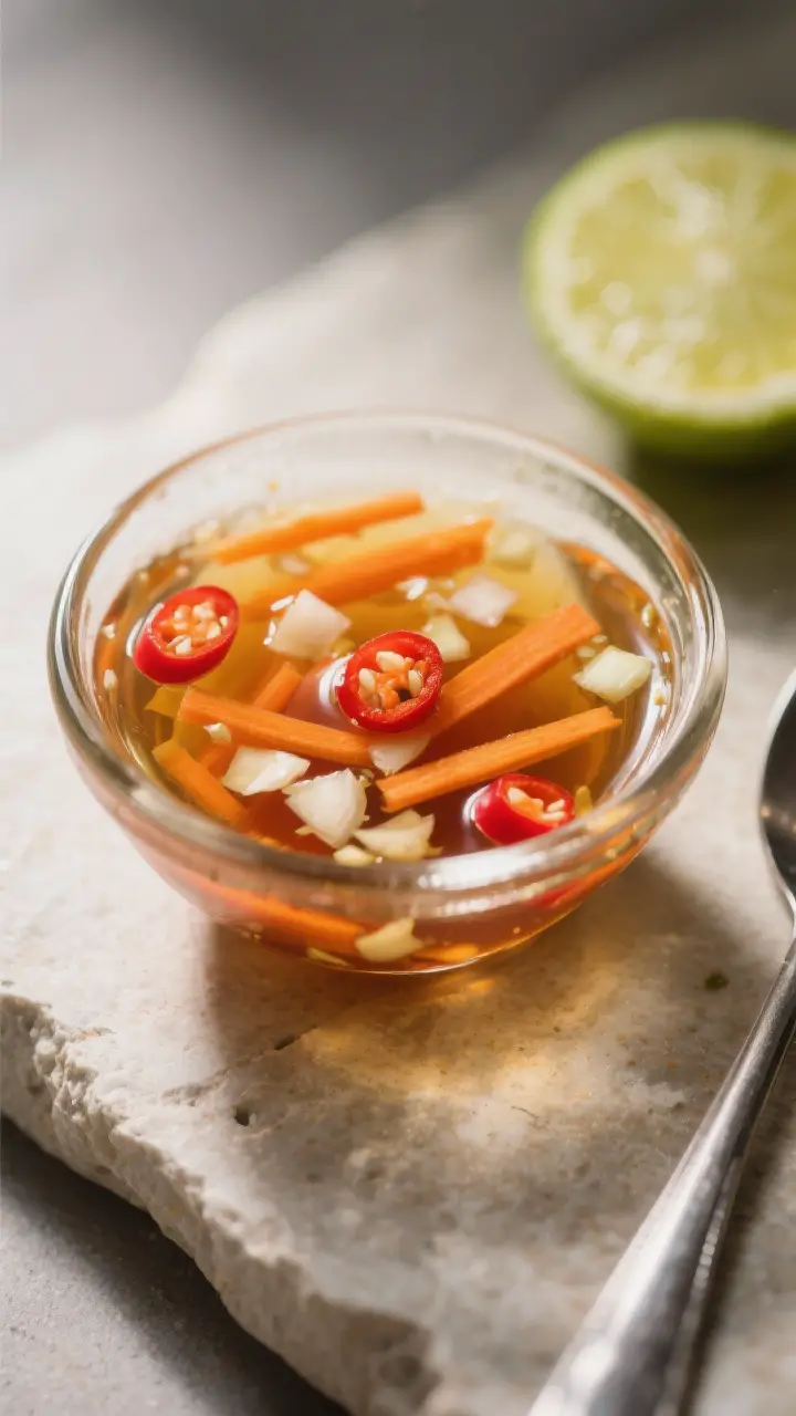Close-up detail: A small glass bowl of finished nuoc cham with thin carrot matchsticks, finely mince