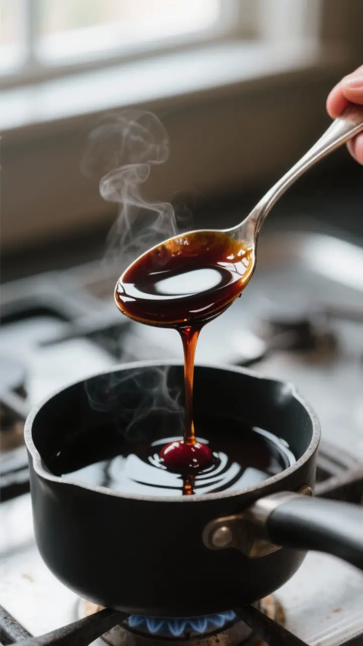 Close-up detail: A spoon lifting a glossy, freshly cooled balsamic reduction from a small saucepan,