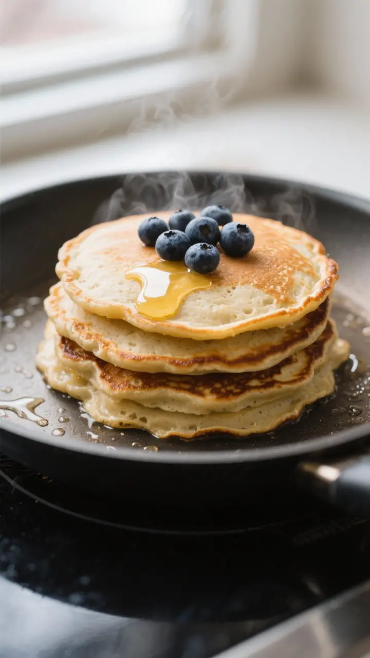 Close-up detail: A stack of sourdough discard pancakes mid-cook on a nonstick skillet, first side pe