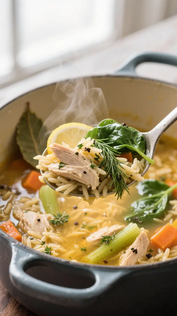 Close-up detail: A steaming ladle of lemon chicken orzo soup lifted from a Dutch oven, showcasing te