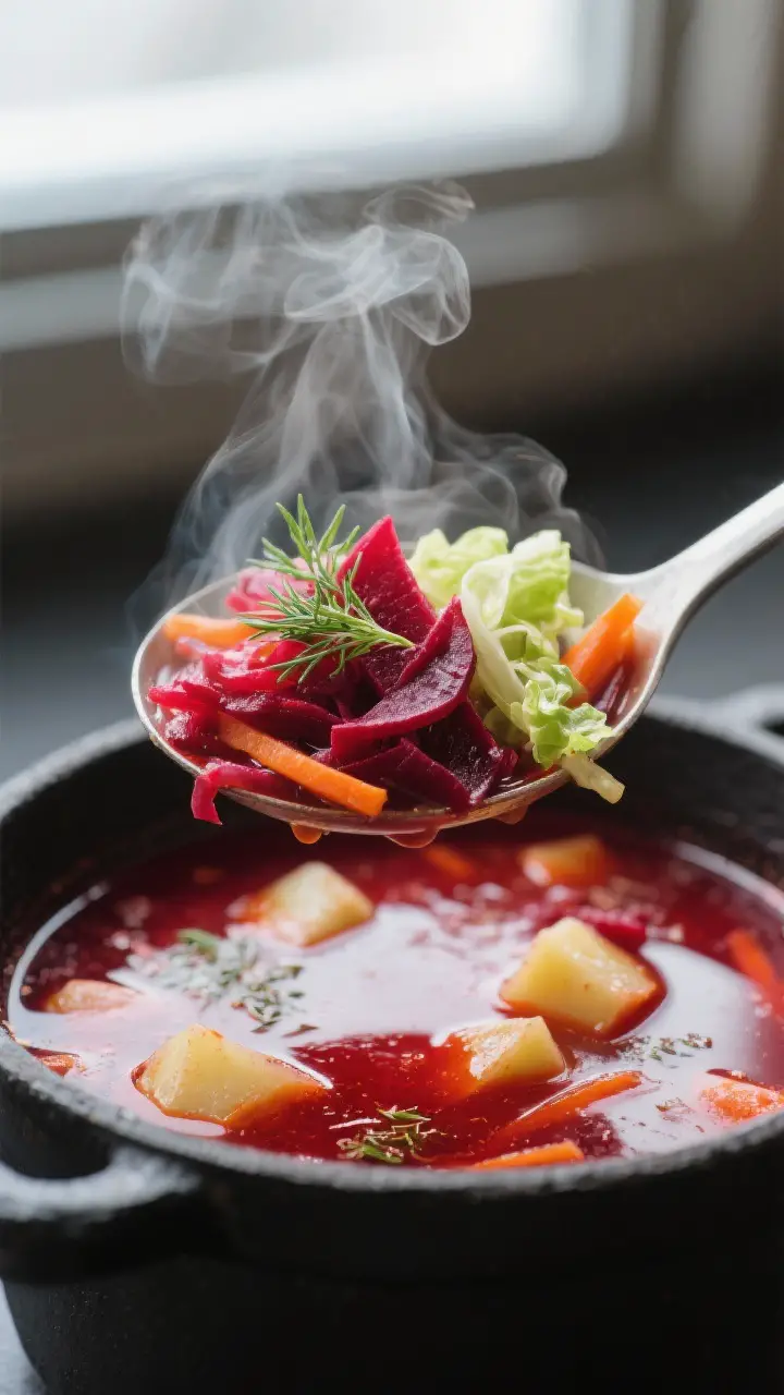 Close-up detail: A steaming ladle of Ukrainian borscht lifted just above the pot, showcasing tender