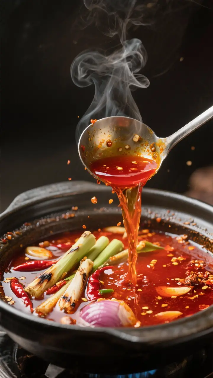 Close-up detail: A steaming ladle pouring deep-red Bun Bo Hue broth back into the pot after chili oi