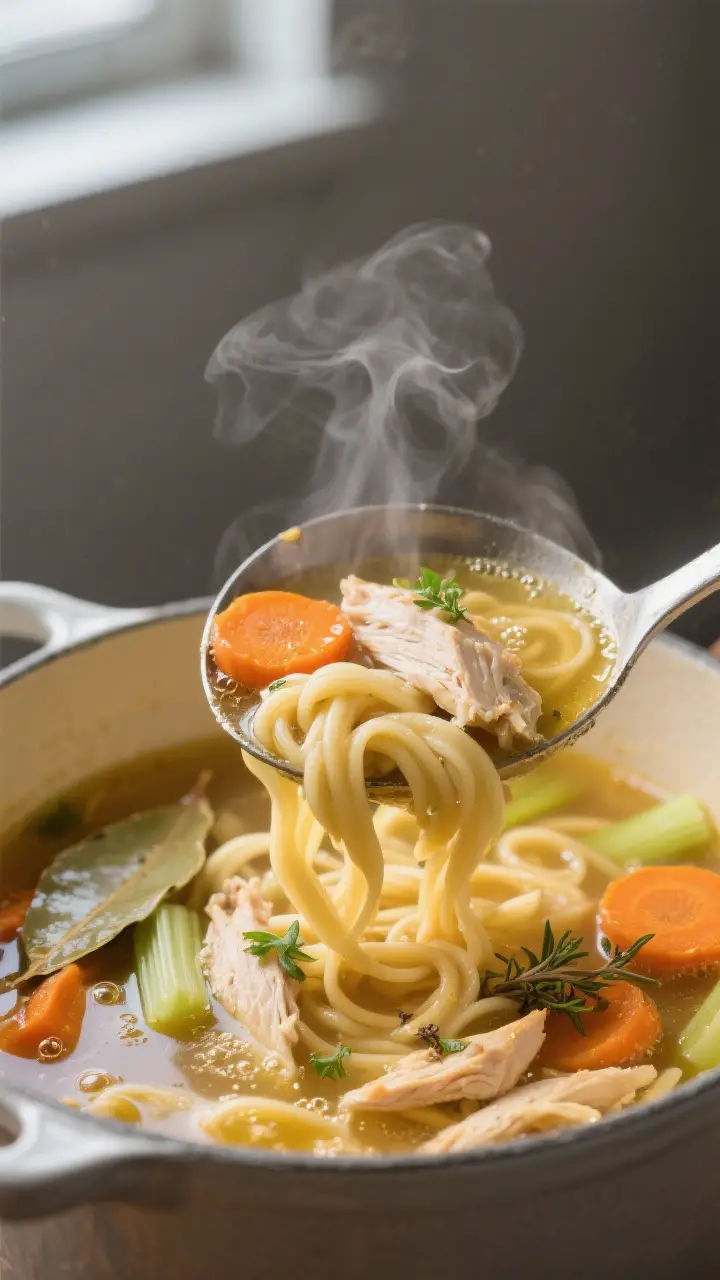 Close-up detail: A steaming ladleful of cooked chicken noodle soup being lifted from a Dutch oven at