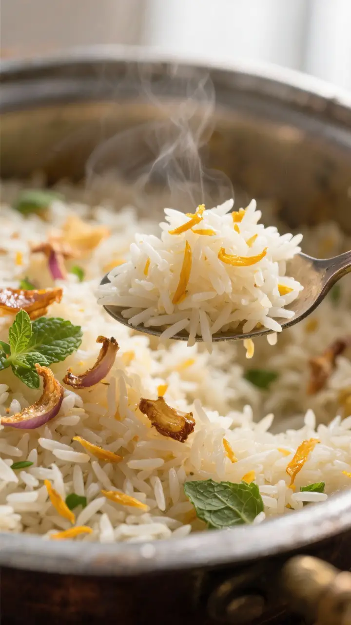 Close-up detail: A tight macro shot of fluffy, parboiled-and-dum-finished basmati rice being gently 