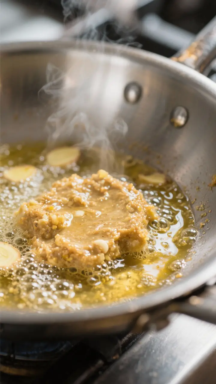 Close-up detail: A tight macro shot of ginger-garlic paste sizzling in hot oil in a stainless-steel