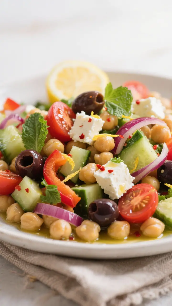Close-up detail: A tossed Mediterranean Chickpea Salad glistening with lemony olive oil dressing, hi