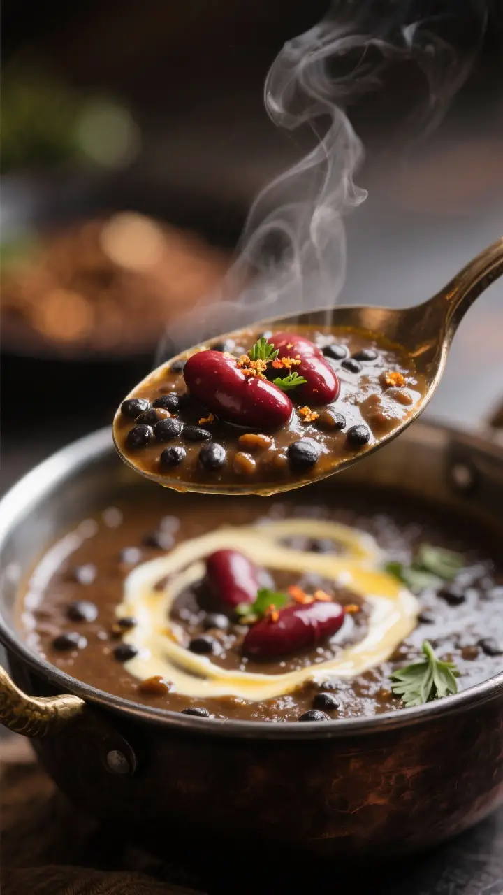 Close-up detail: A velvety spoonful of Dal Makhani lifted just above the pot, showing glossy, slow-s