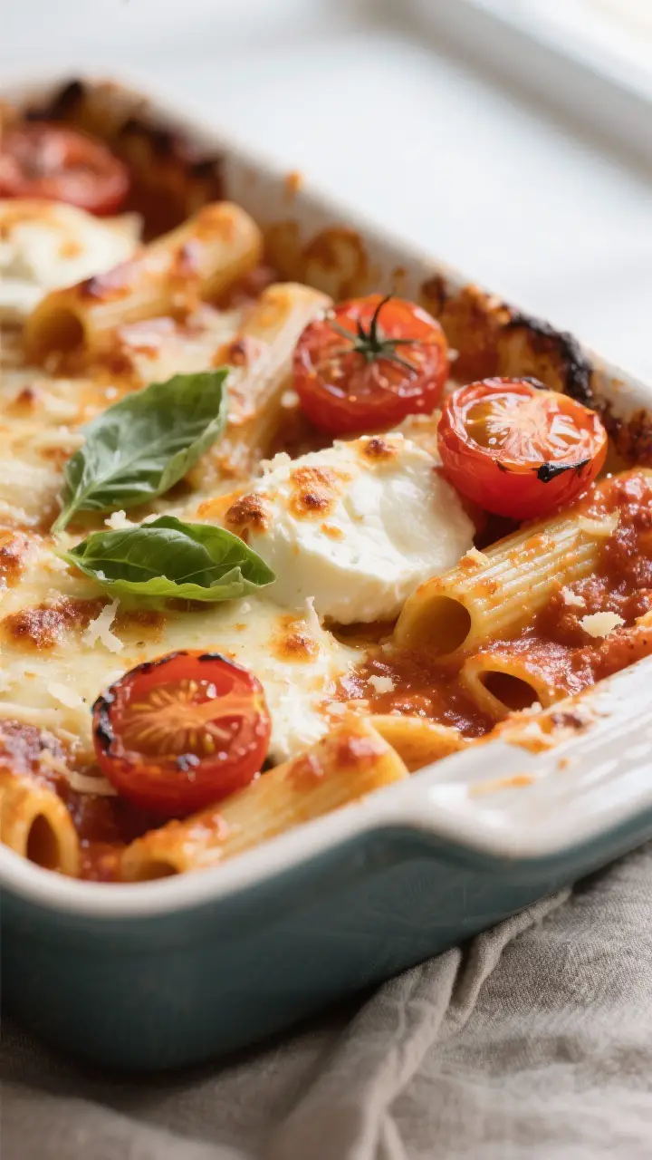 Close-up detail: Bubbling Caprese pasta bake just pulled from the oven, showing caramelized edges, b