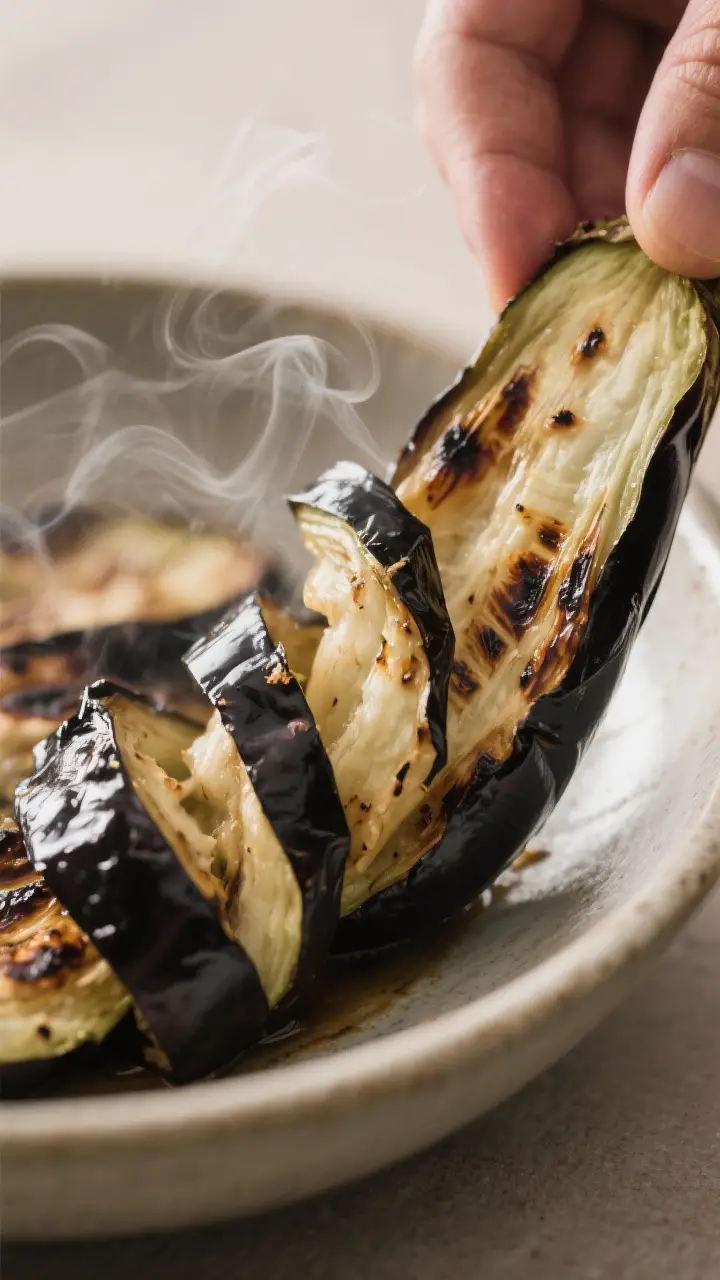 Close-up detail: Charred Asian eggplant flesh being gently torn into bite-size ribbons after grillin