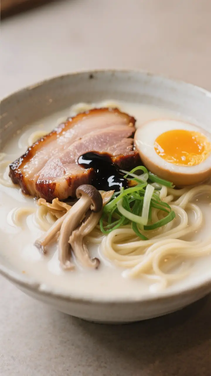Close-up detail – chashu and mayu finish: Extreme close-up of a finished bowl of tonkotsu ramen hi