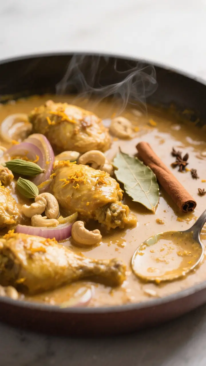 Close-up detail: Chicken korma simmering in a wide pan, thick almond-cashew sauce turning glossy and