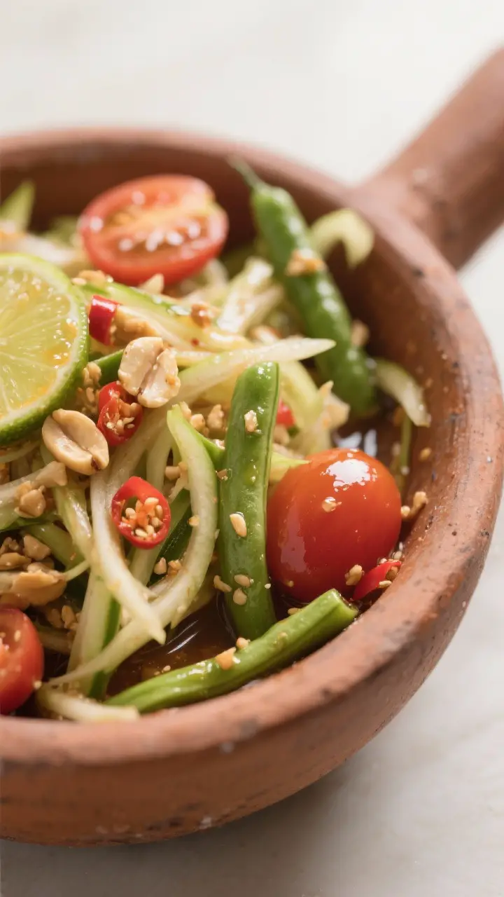 Close-up detail: Classic Som Tum Thai mid-toss in a Thai clay mortar, showing glossy shredded green 