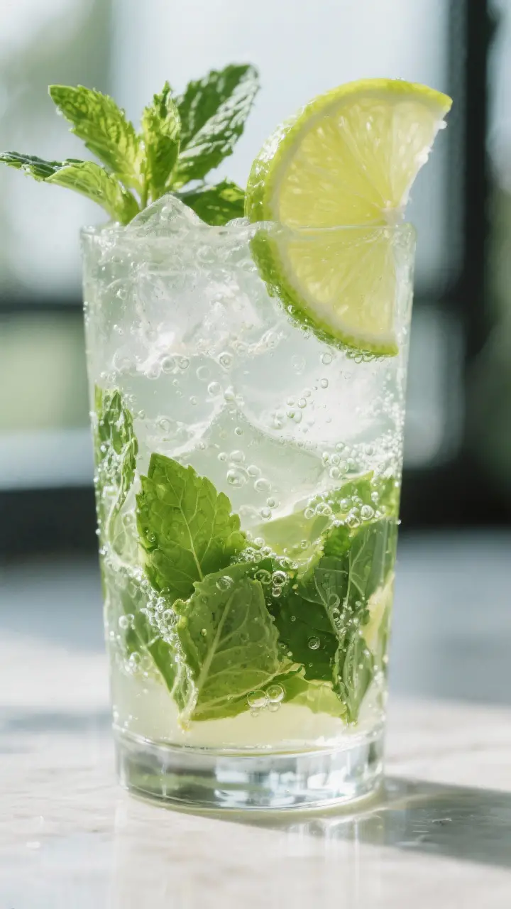Close-up detail: Classic virgin mojito right after the gentle muddling step, showing bruised mint le