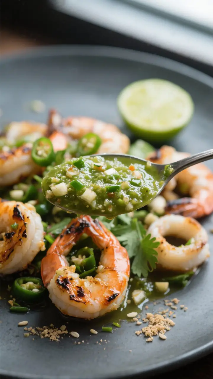 Close-up detail: Coarse-textured Nam Jim Seafood sauce spooned over just-grilled shrimp and squid, g