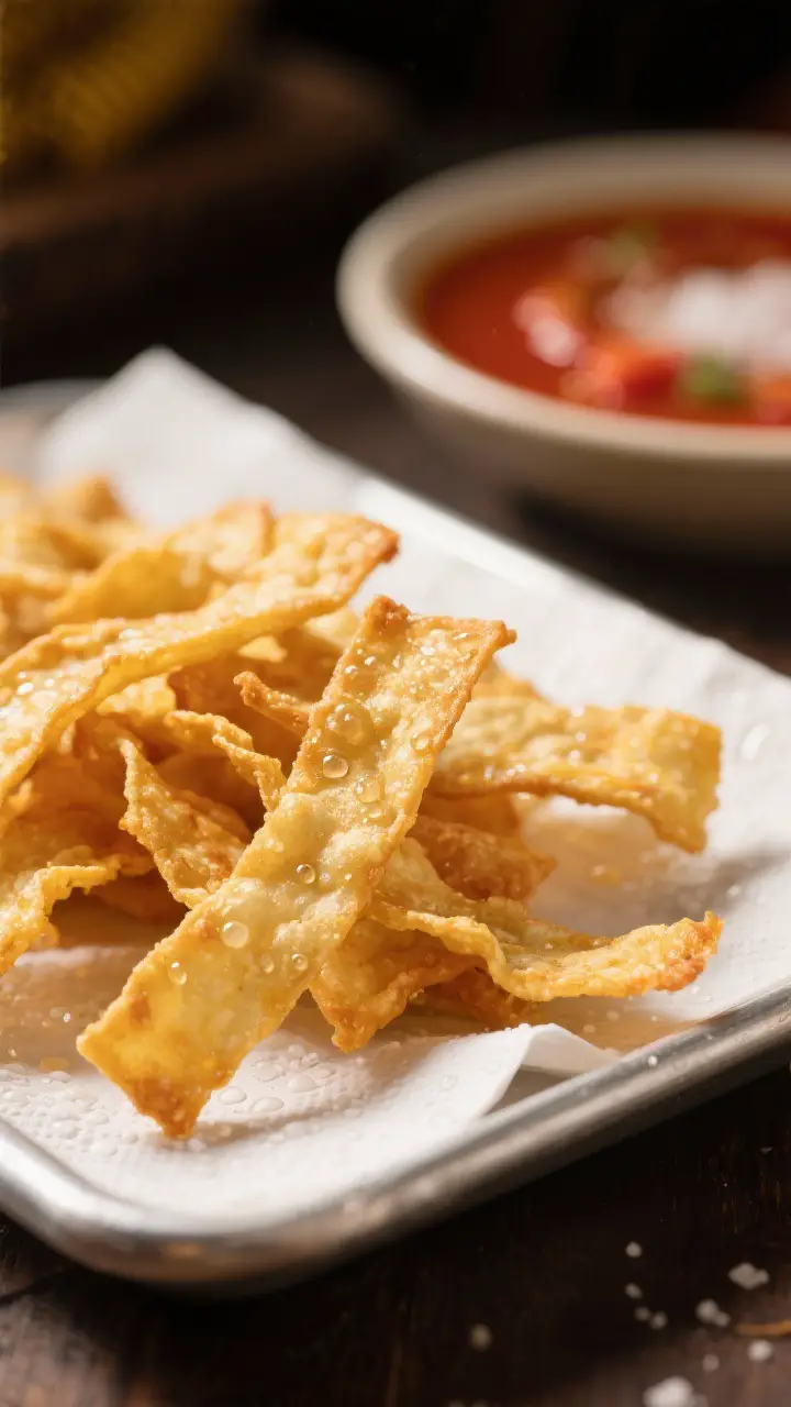 Close-up detail: Crispy, freshly fried corn tortilla strips draining on a paper towel-lined tray, gl